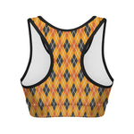 Orange Halloween Argyle Pattern Print Women's Sports Bra