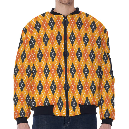 Orange Halloween Argyle Pattern Print Zip Sleeve Bomber Jacket