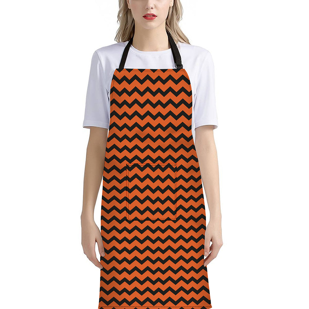 Orange Halloween Chevron Pattern Print Bib Apron With Pocket