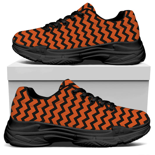 Orange Halloween Chevron Pattern Print Black Chunky Shoes