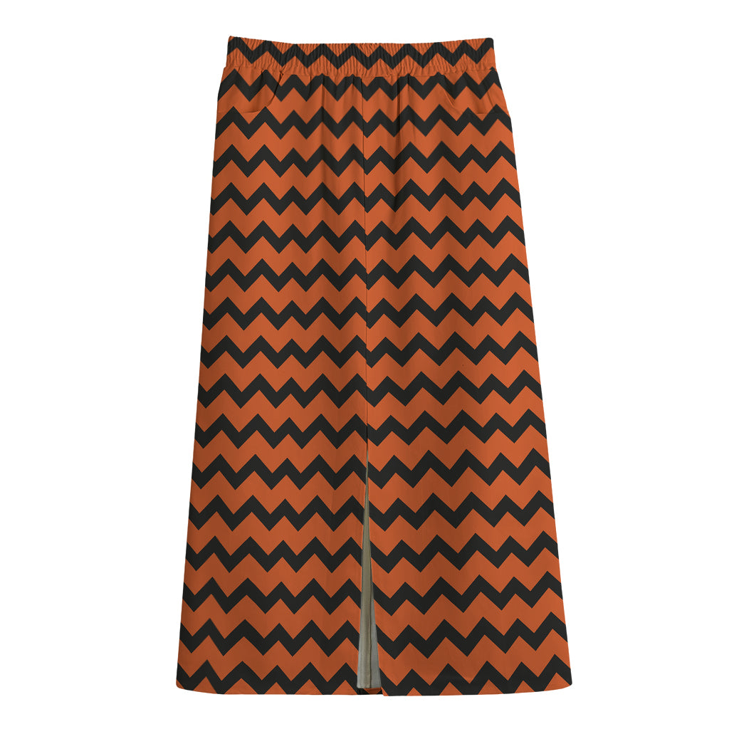 Orange Halloween Chevron Pattern Print Cotton Front Slit Maxi Skirt