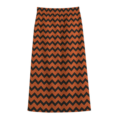 Orange Halloween Chevron Pattern Print Cotton Front Slit Maxi Skirt