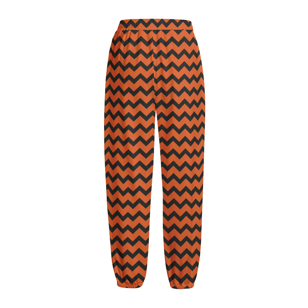 Orange Halloween Chevron Pattern Print Fleece Lined Knit Pants