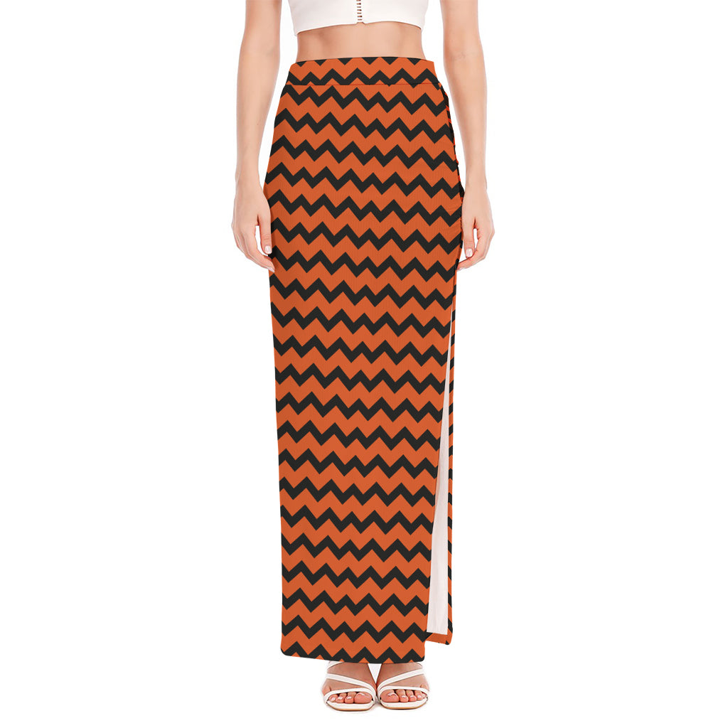 Orange Halloween Chevron Pattern Print High Slit Maxi Skirt