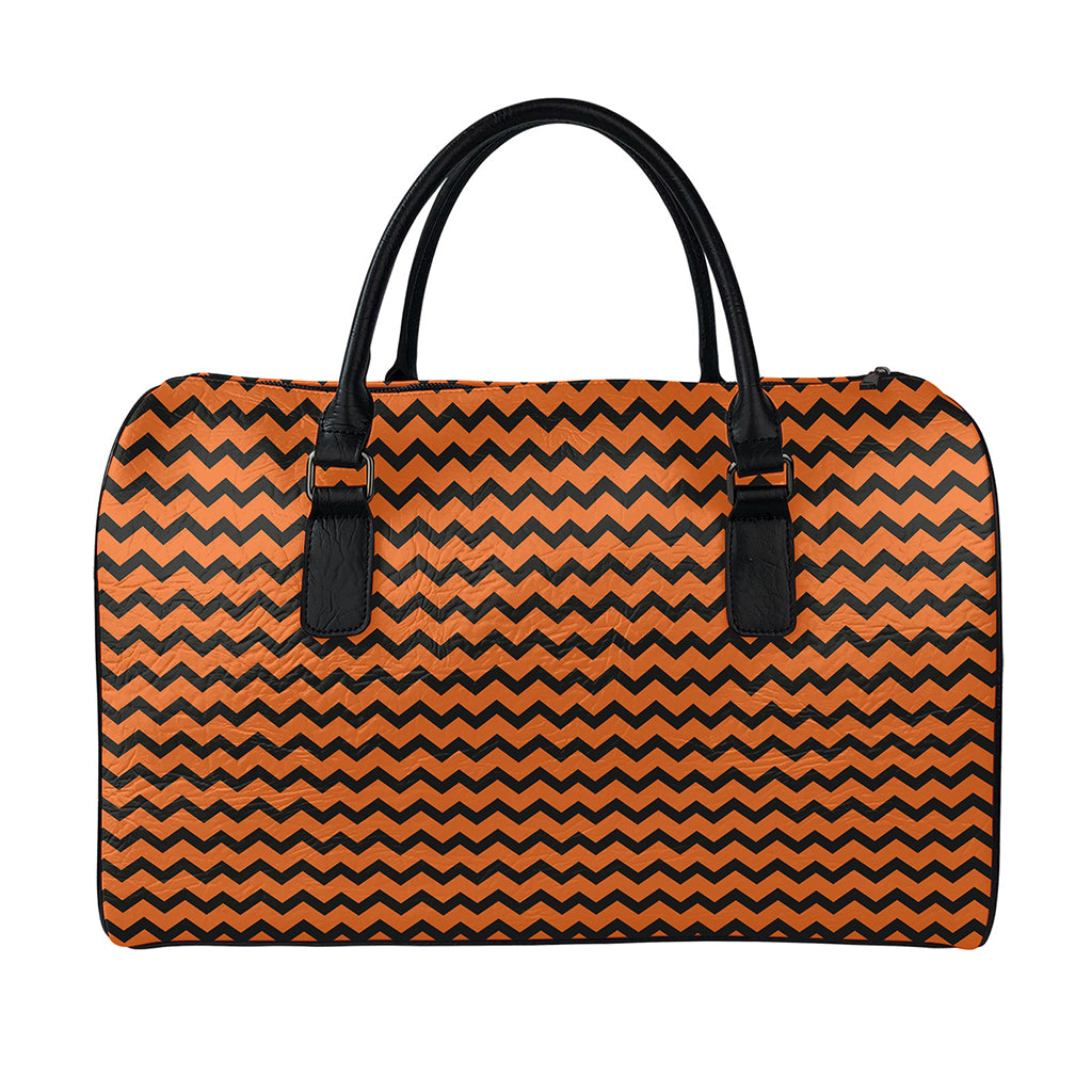 Orange Halloween Chevron Pattern Print Leather Duffle Bag