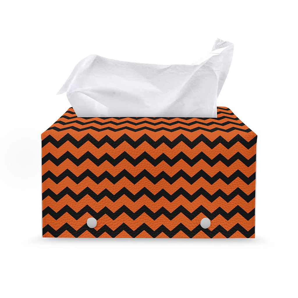 Orange Halloween Chevron Pattern Print Leather Tissue Box Cover