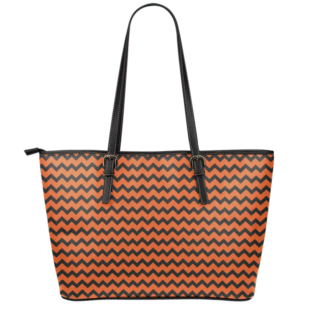 Orange Halloween Chevron Pattern Print Leather Tote Bag