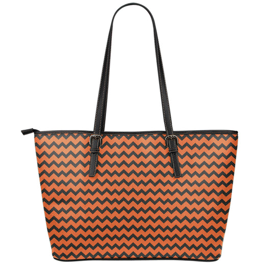 Orange Halloween Chevron Pattern Print Leather Tote Bag