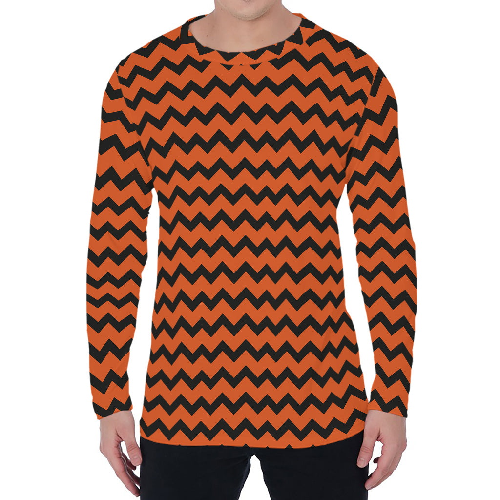 Orange Halloween Chevron Pattern Print Men's Long Sleeve T-Shirt
