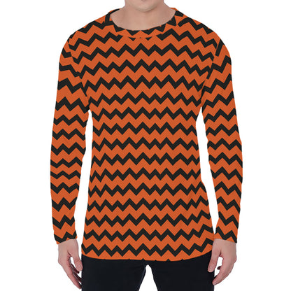Orange Halloween Chevron Pattern Print Men's Long Sleeve T-Shirt
