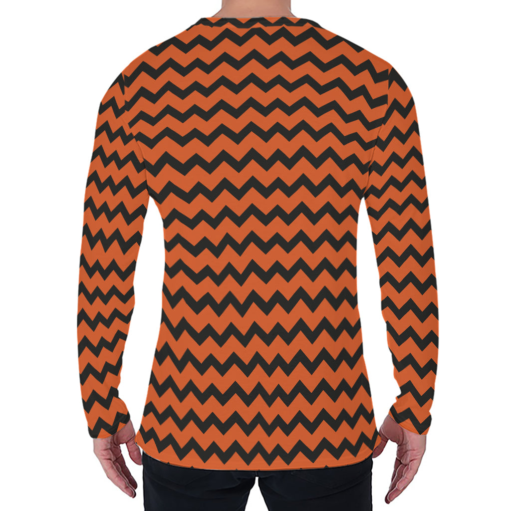 Orange Halloween Chevron Pattern Print Men's Long Sleeve T-Shirt