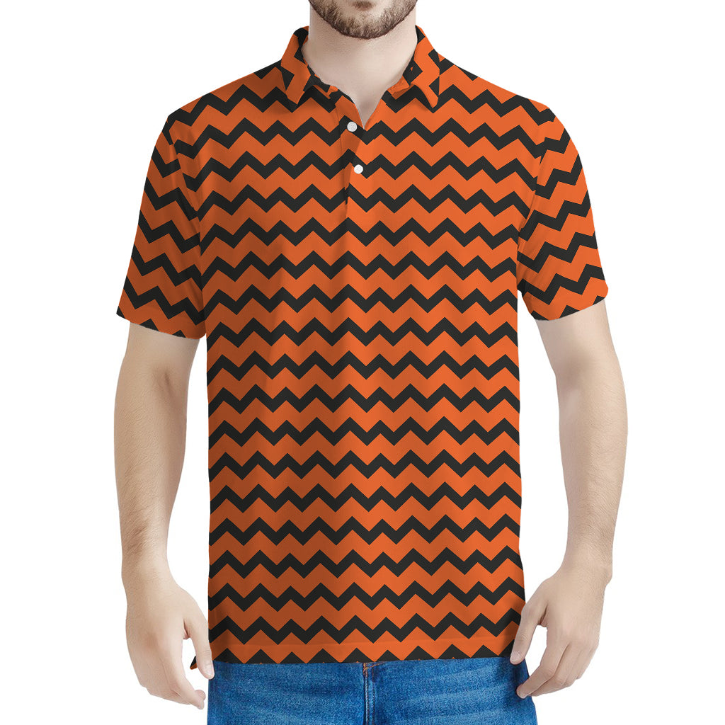 Orange Halloween Chevron Pattern Print Men's Polo Shirt