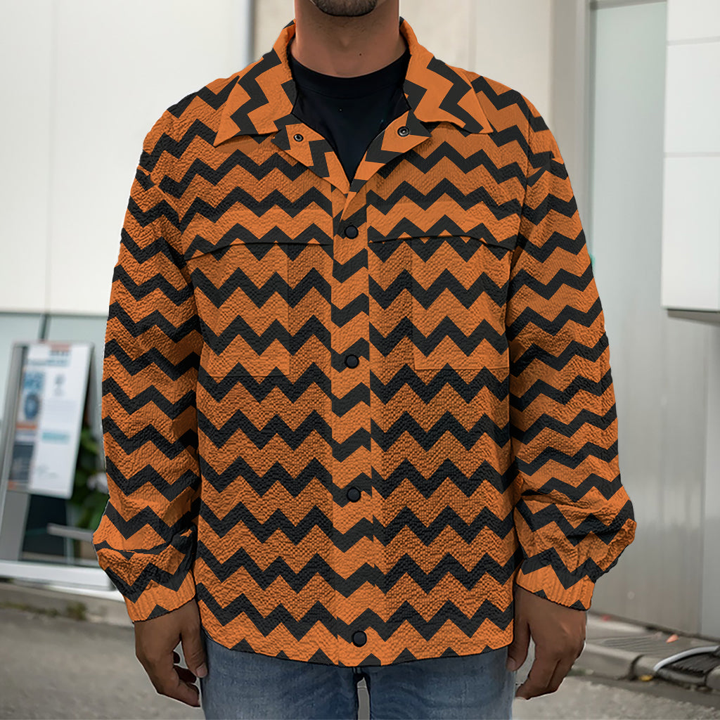 Orange Halloween Chevron Pattern Print Men's Shirt Jacket
