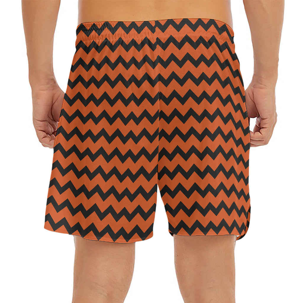 Orange Halloween Chevron Pattern Print Men's Split Running Shorts