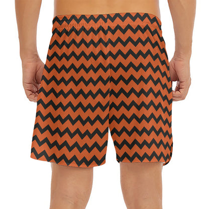 Orange Halloween Chevron Pattern Print Men's Split Running Shorts