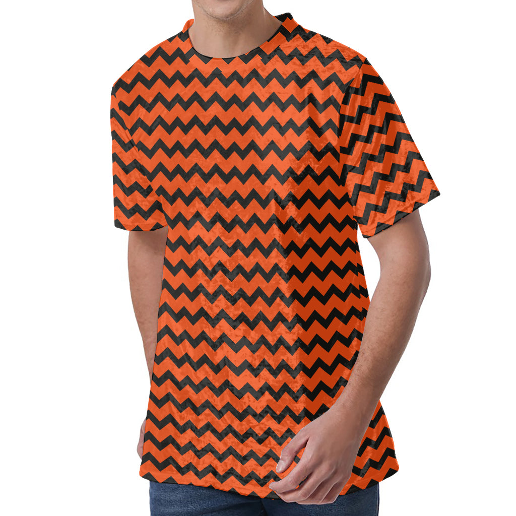 Orange Halloween Chevron Pattern Print Men's Velvet T-Shirt