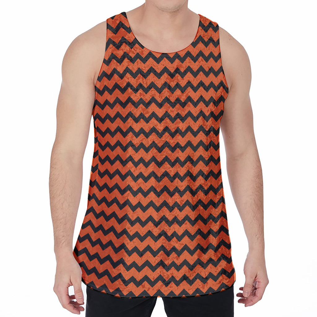 Orange Halloween Chevron Pattern Print Men's Velvet Tank Top