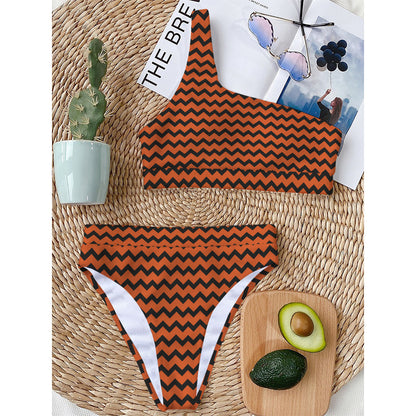 Orange Halloween Chevron Pattern Print One Shoulder Bikini Top