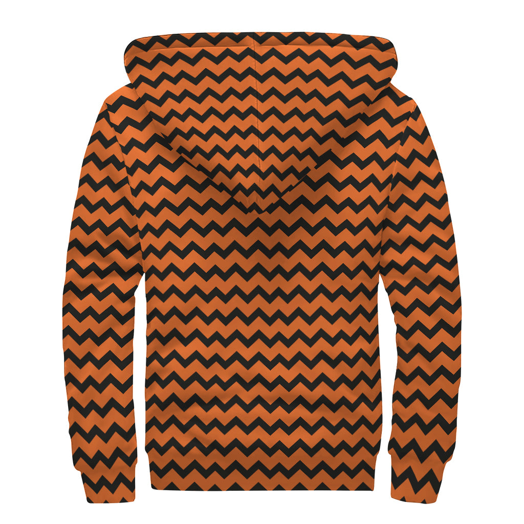 Orange Halloween Chevron Pattern Print Sherpa Lined Zip Up Hoodie