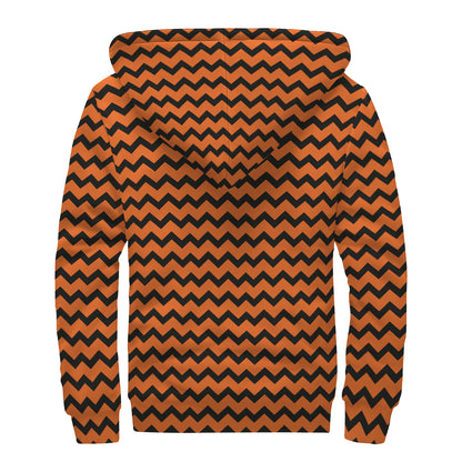 Orange Halloween Chevron Pattern Print Sherpa Lined Zip Up Hoodie