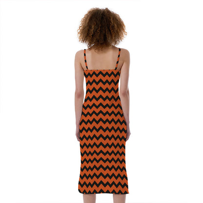 Orange Halloween Chevron Pattern Print Slim Fit Midi Cami Dress
