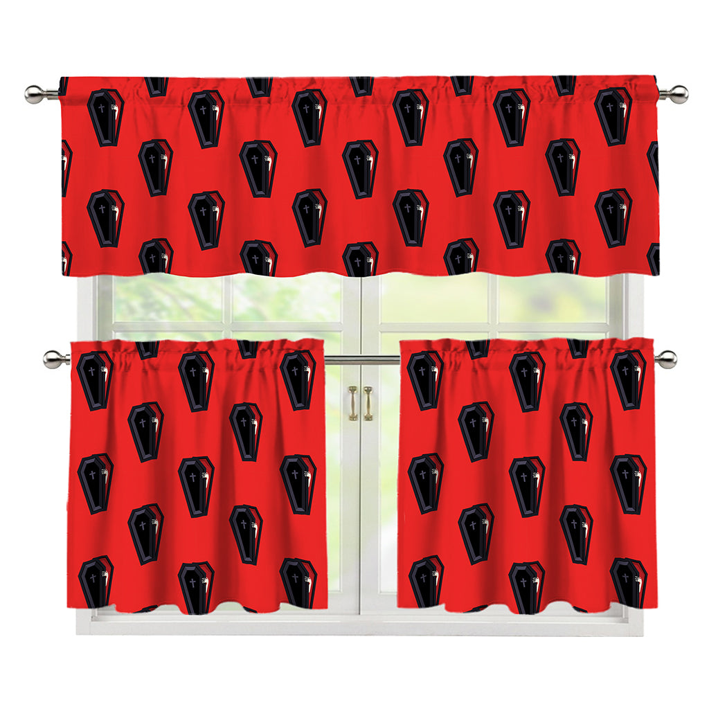 Orange Halloween Coffin Pattern Print 3 Piece Kitchen Curtains