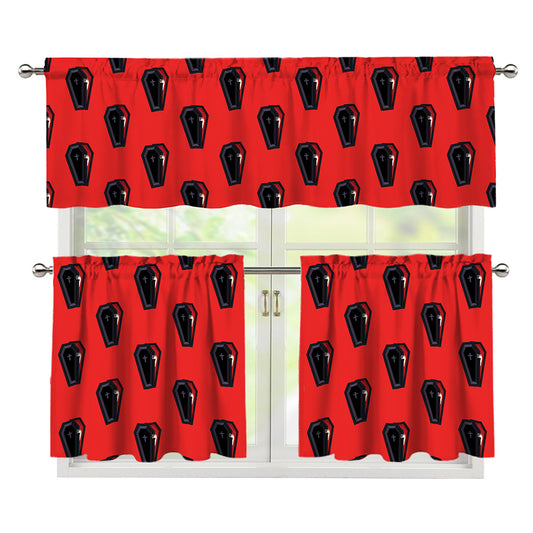 Orange Halloween Coffin Pattern Print 3 Piece Kitchen Curtains