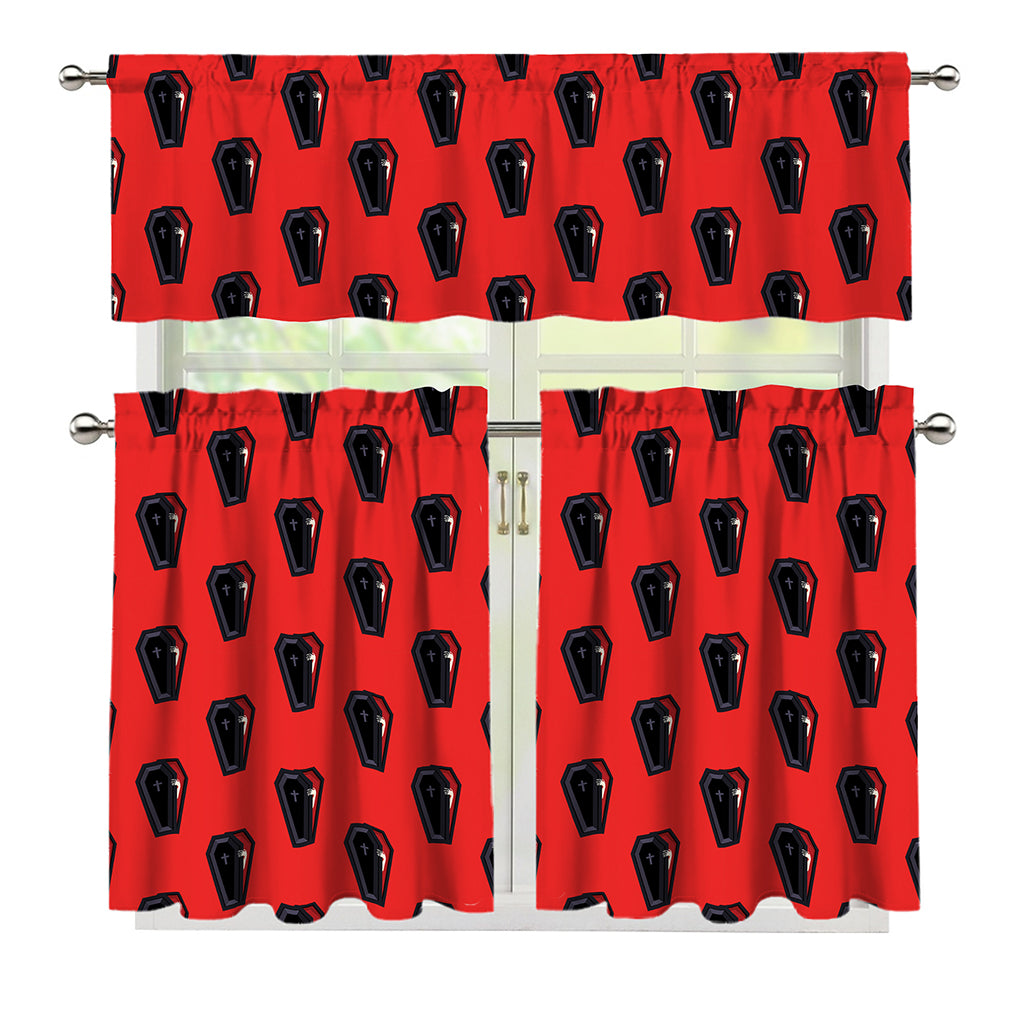 Orange Halloween Coffin Pattern Print 3 Piece Kitchen Curtains