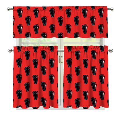 Orange Halloween Coffin Pattern Print 3 Piece Kitchen Curtains