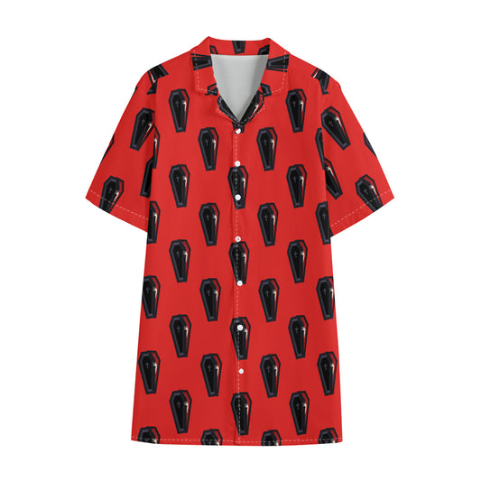 Orange Halloween Coffin Pattern Print Cotton Hawaiian Shirt