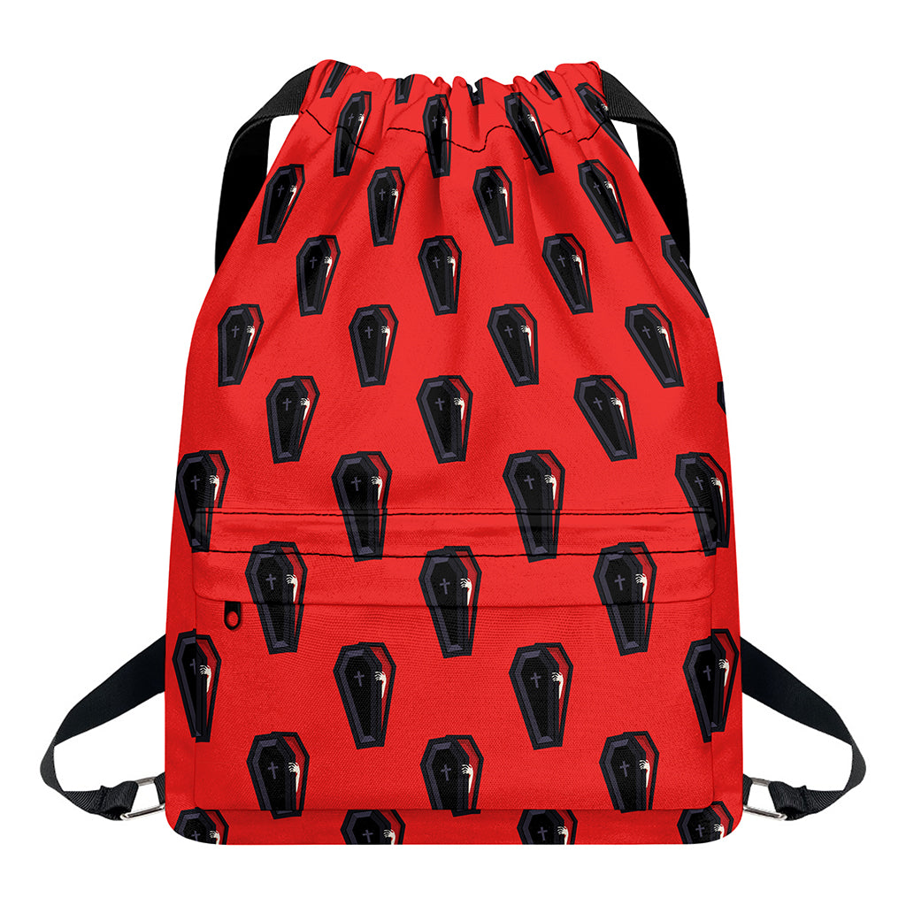 Orange Halloween Coffin Pattern Print Drawstring Backpack