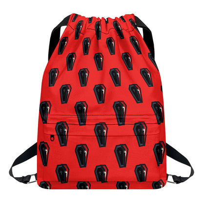Orange Halloween Coffin Pattern Print Drawstring Backpack