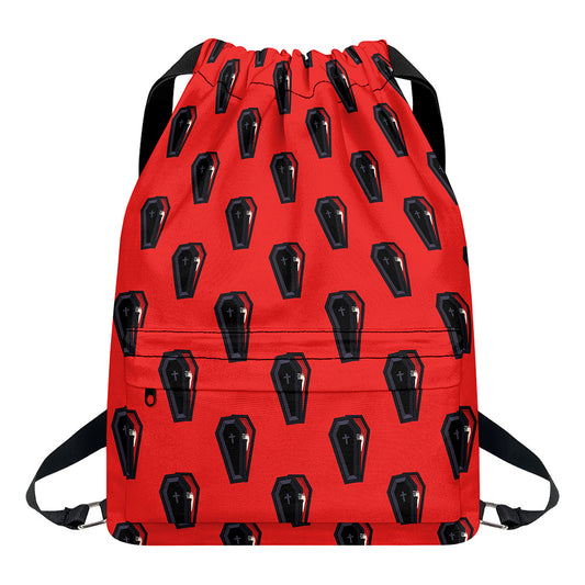 Orange Halloween Coffin Pattern Print Drawstring Backpack