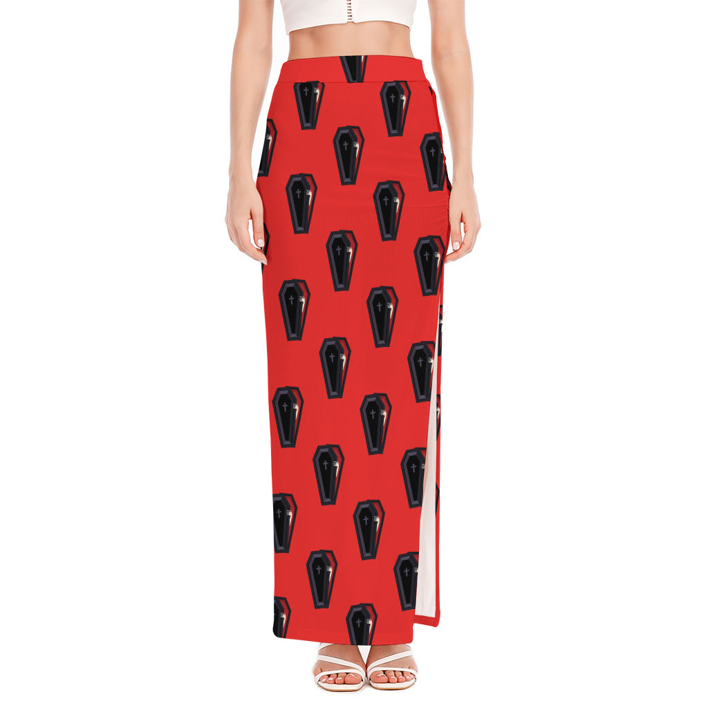 Orange Halloween Coffin Pattern Print High Slit Maxi Skirt