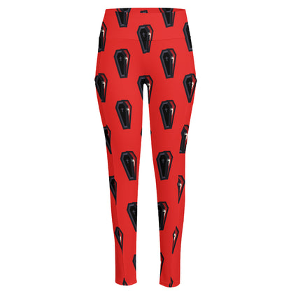 Orange Halloween Coffin Pattern Print High-Waisted Pocket Leggings