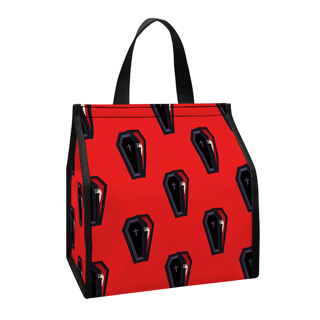 Orange Halloween Coffin Pattern Print Insulated Lunch Tote