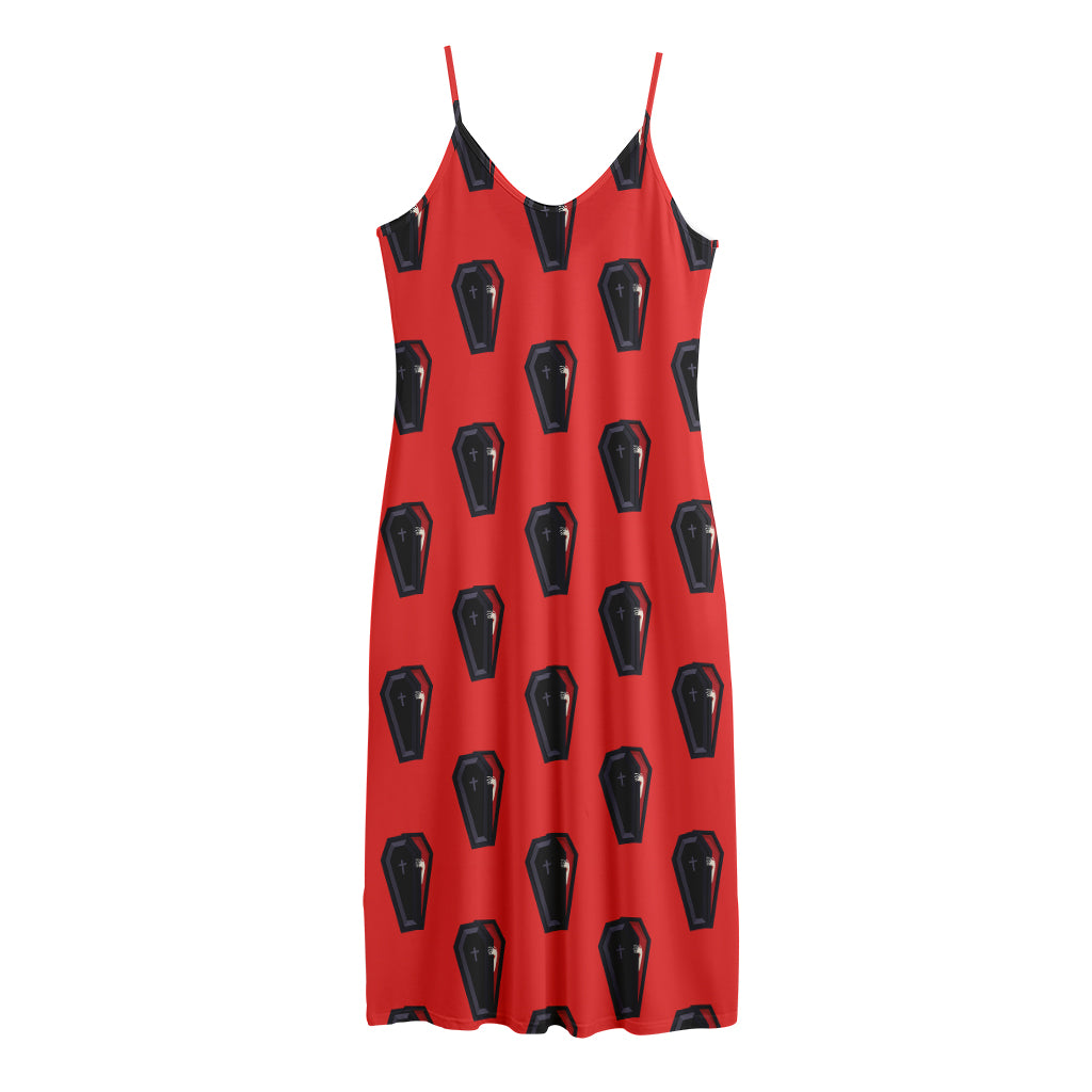 Orange Halloween Coffin Pattern Print Jersey Midi Cami Dress