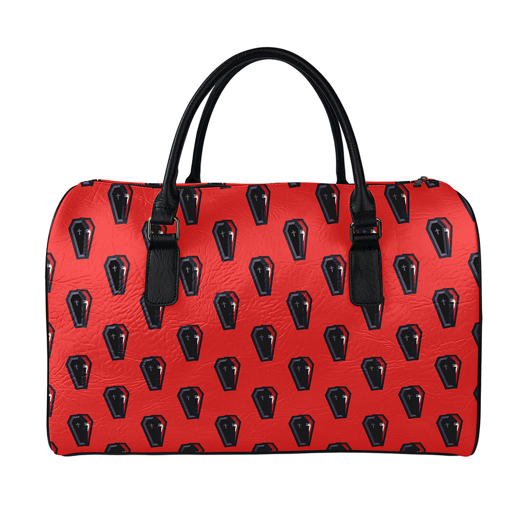 Orange Halloween Coffin Pattern Print Leather Duffle Bag