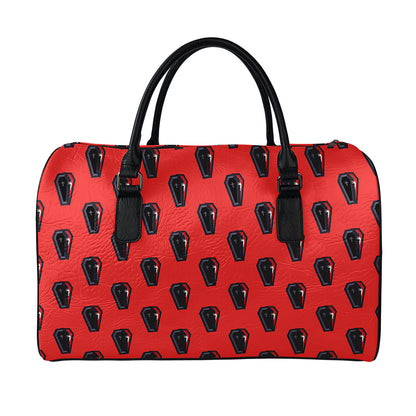 Orange Halloween Coffin Pattern Print Leather Duffle Bag
