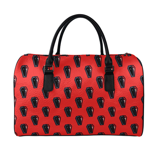 Orange Halloween Coffin Pattern Print Leather Duffle Bag