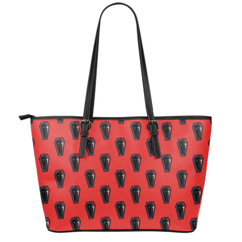 Orange Halloween Coffin Pattern Print Leather Tote Bag