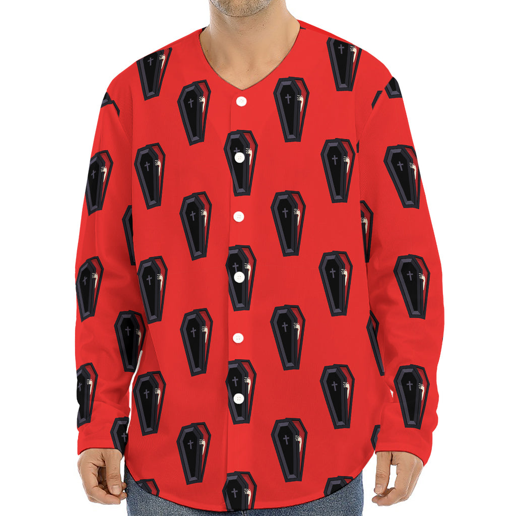 Orange Halloween Coffin Pattern Print Long Sleeve Baseball Jersey