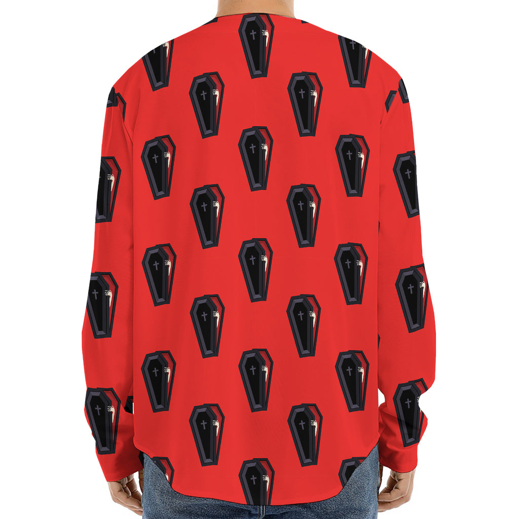 Orange Halloween Coffin Pattern Print Long Sleeve Baseball Jersey