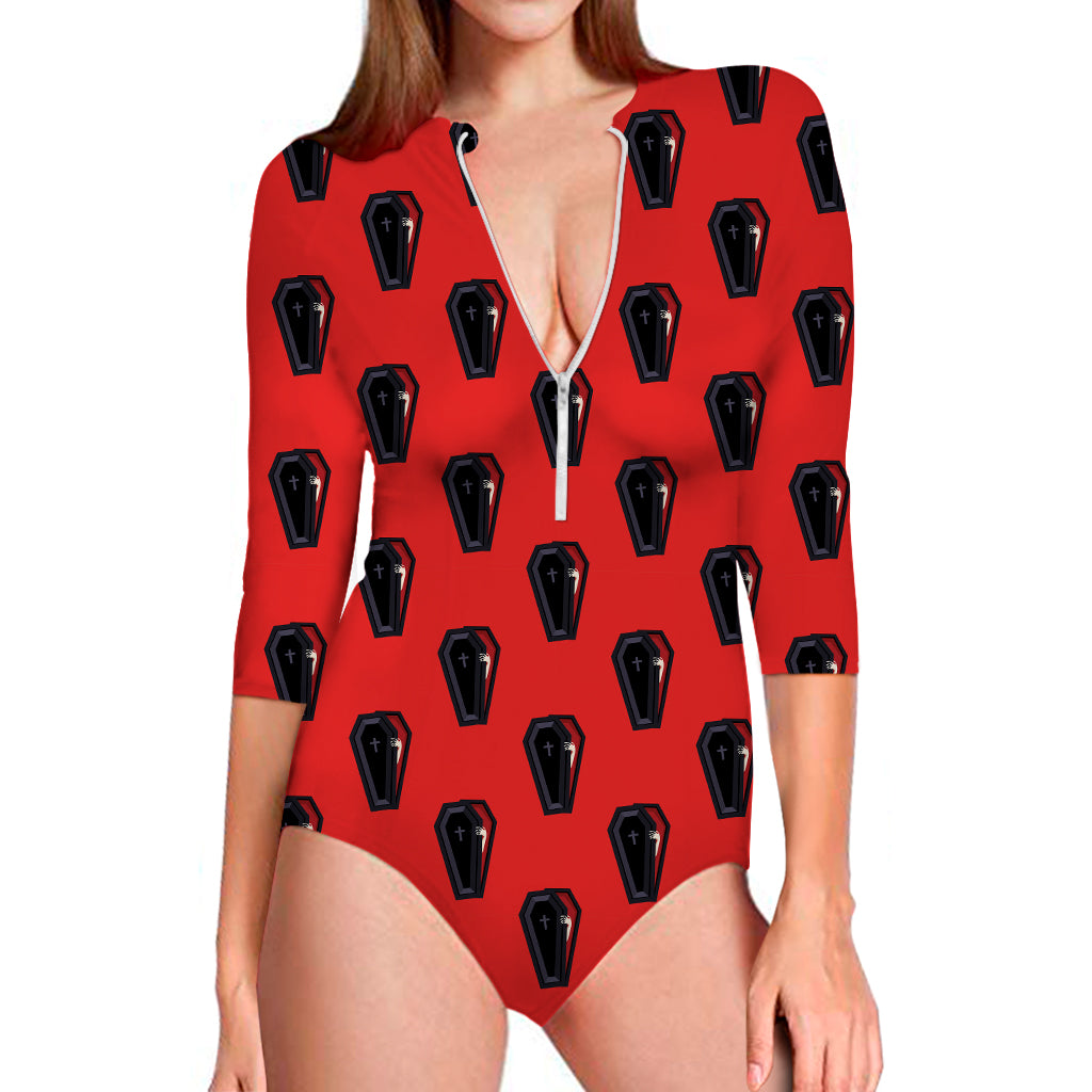 Orange Halloween Coffin Pattern Print Long Sleeve Swimsuit