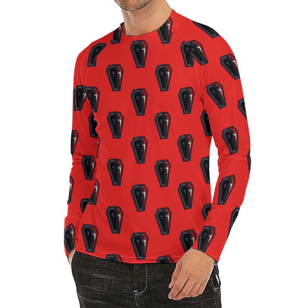 Orange Halloween Coffin Pattern Print Men's Long Sleeve Rash Guard