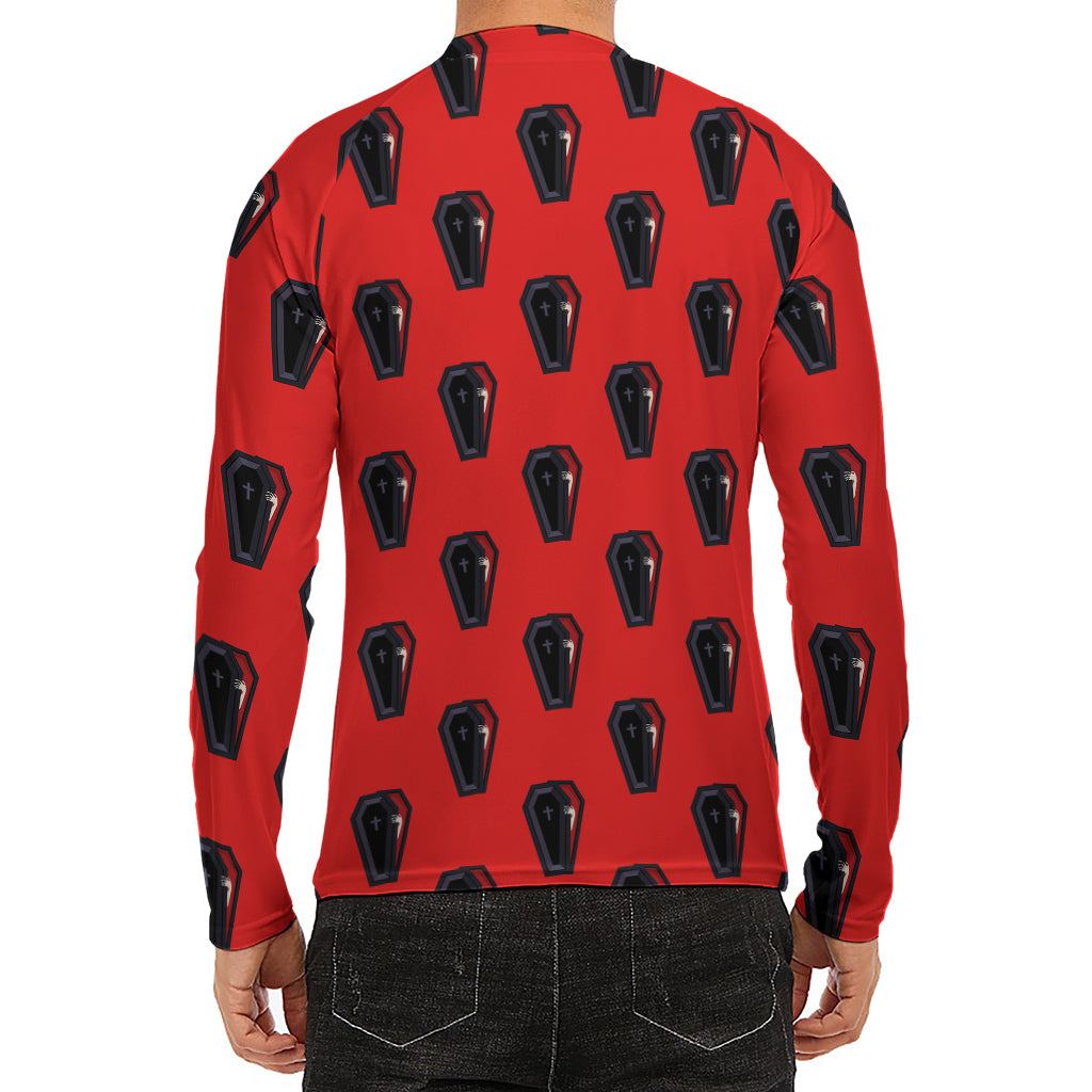 Orange Halloween Coffin Pattern Print Men's Long Sleeve Rash Guard