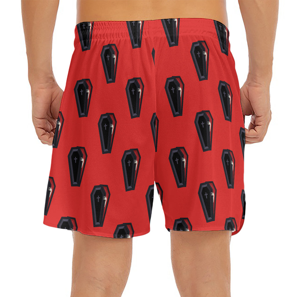 Orange Halloween Coffin Pattern Print Men's Split Running Shorts