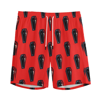 Orange Halloween Coffin Pattern Print Men's Sports Shorts