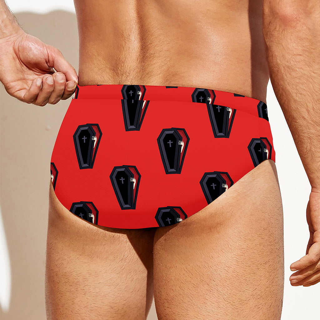 Orange Halloween Coffin Pattern Print Men's Swim Briefs