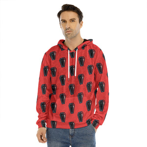 Orange Halloween Coffin Pattern Print Men's Velvet Pullover Hoodie